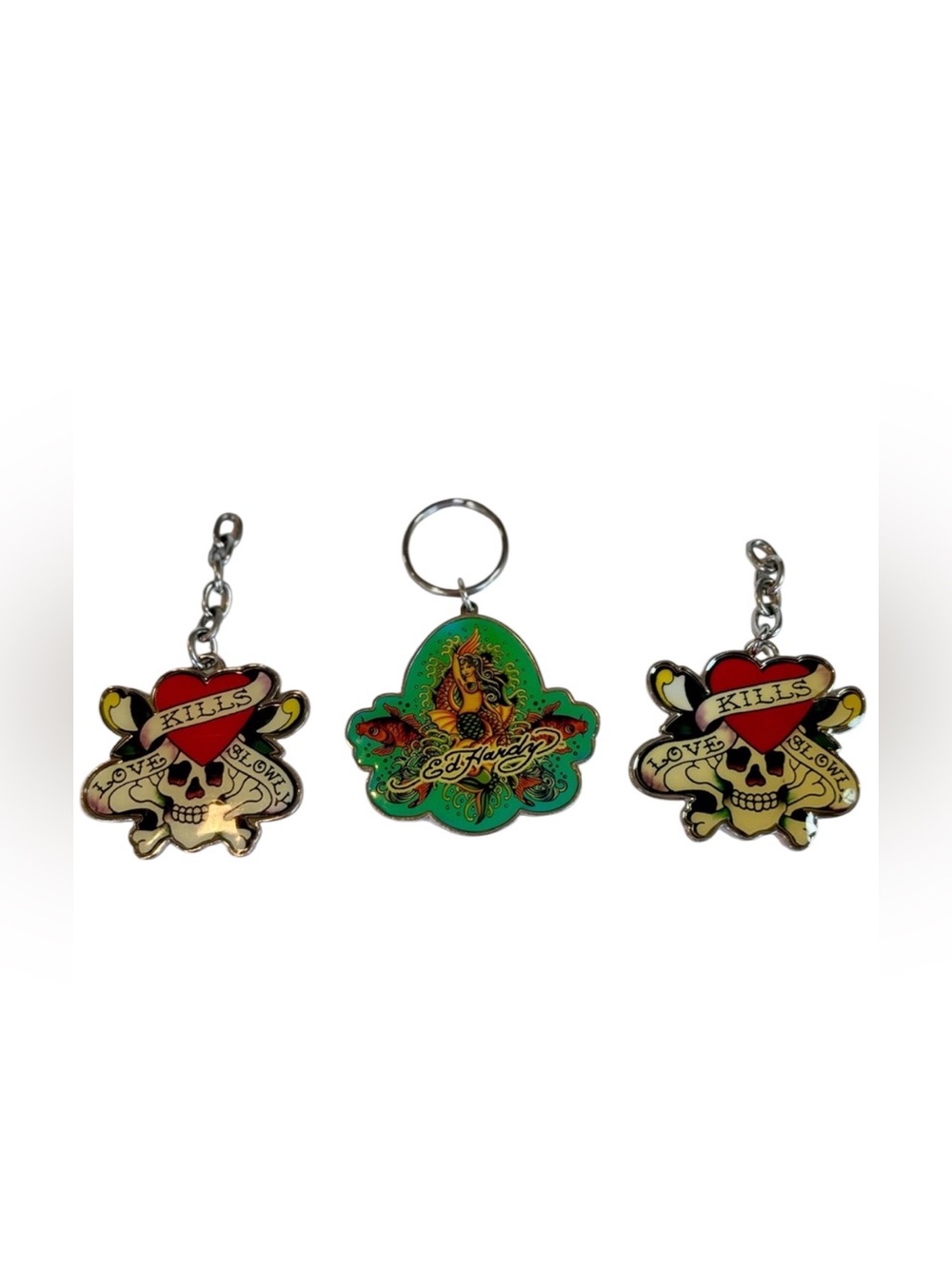 Ed Hardy Keychain Mermaid Logo Love Kills Slowly Skull Charms Key Rings Lot Of 3